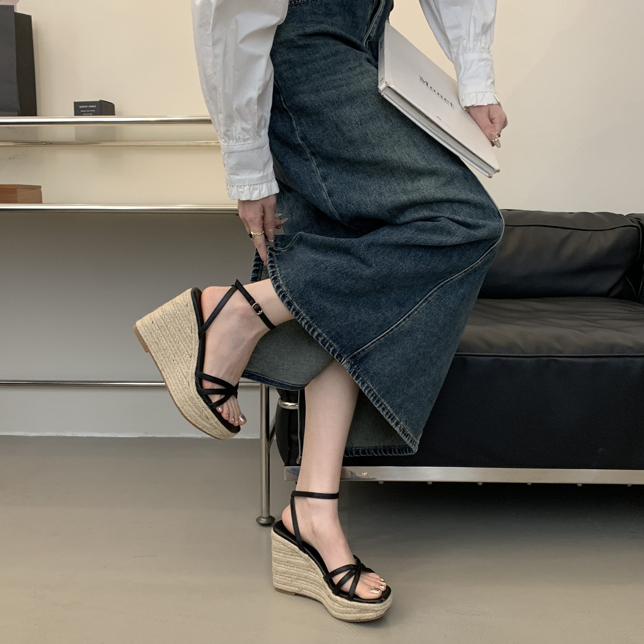 Women's Summer Platform Wedge Sandals with Braided Straw Sole, Open Toe, Strappy Roman Style, Black Silver Gold White, EU 35-39 - Image 4