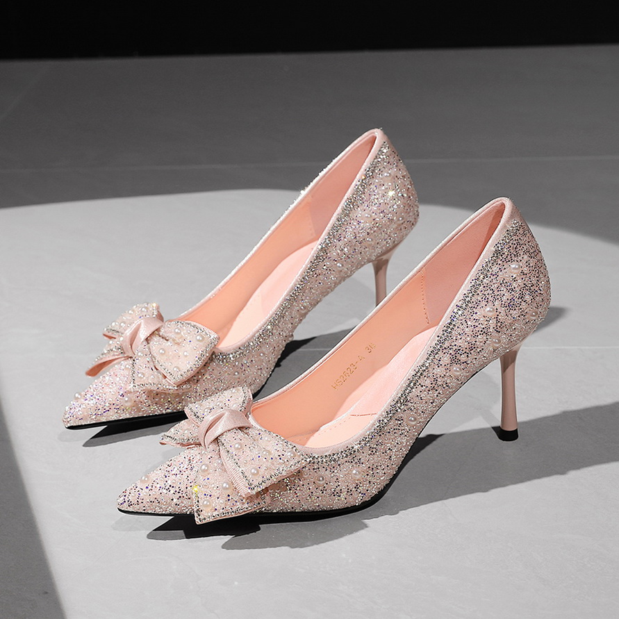French Style Pearl Beaded Bow Pointed Toe Low Heel Shoes for Women