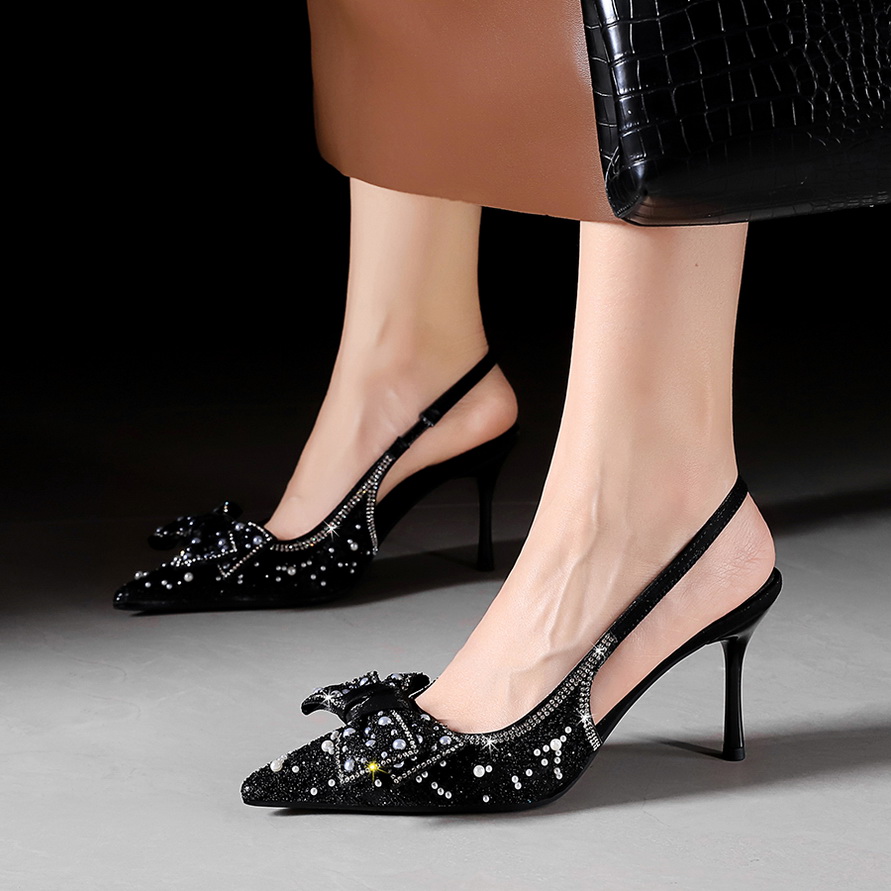 Korean Style Pointed Toe Shallow Mouth Rhinestone Bow High Heel Shoes Hollow Back Strap Thin Heel Women's Shoes