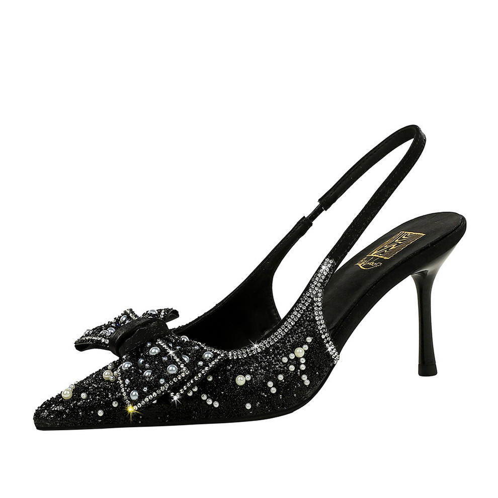 Korean Style Pointed Toe Shallow Mouth Rhinestone Bow High Heel Shoes Hollow Back Strap Thin Heel Women's Shoes - Image 5