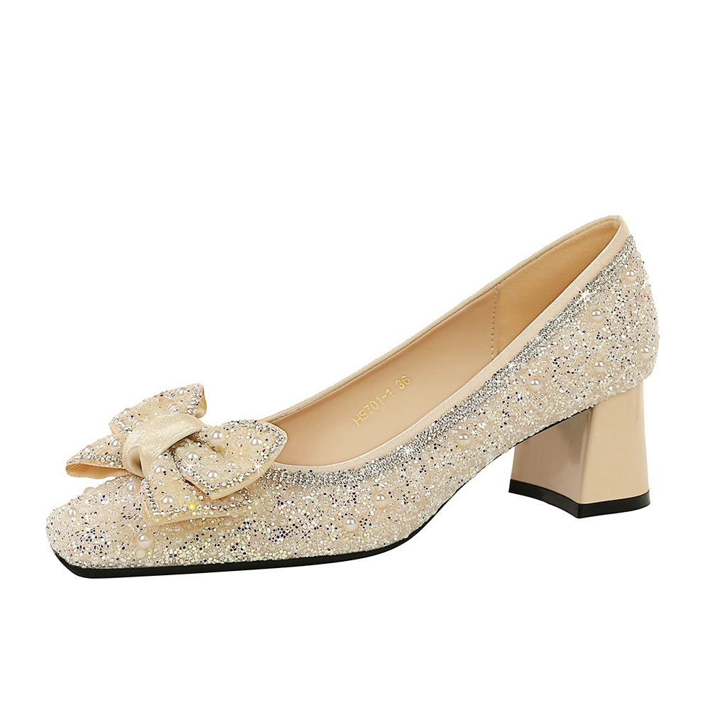 French Style Banquet Square Toe Mid Heel Pearl Rhinestone Bow Shallow Mouth Chunky Heel Shoes Women