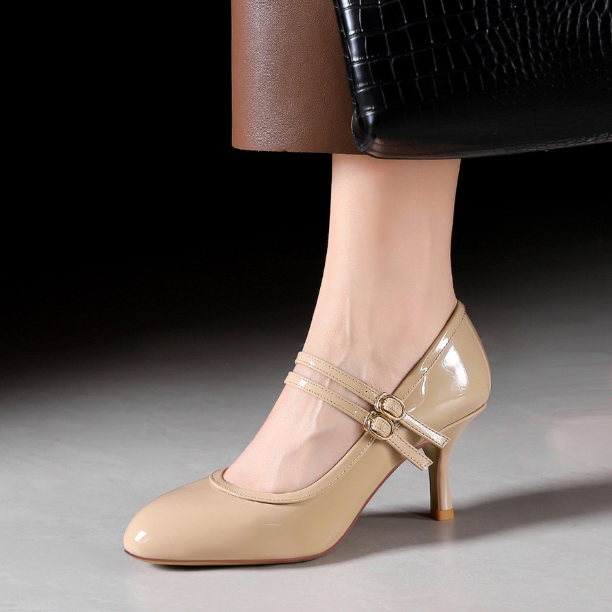 French Style Women's High Heel Mary Jane Shoes with Buckle Strap, Patent Leather, Comfortable, Wedding Shoes