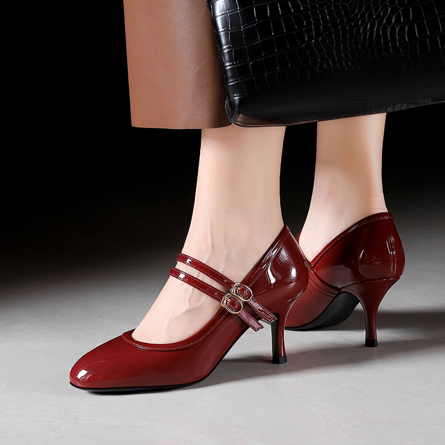 French Style Women's High Heel Mary Jane Shoes with Buckle Strap, Patent Leather, Comfortable, Wedding Shoes - Image 2