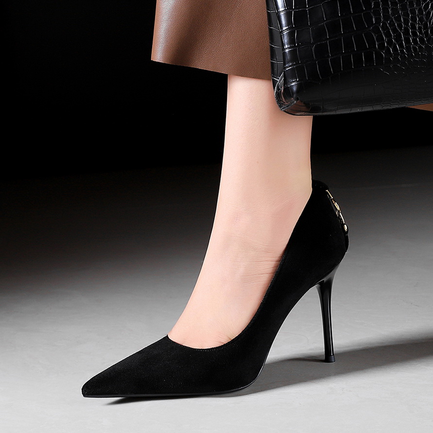 BIGWOOD Women's Pointed Toe Stiletto Heels Black Suede Look PU Leather Daily Commuter Work Shoes