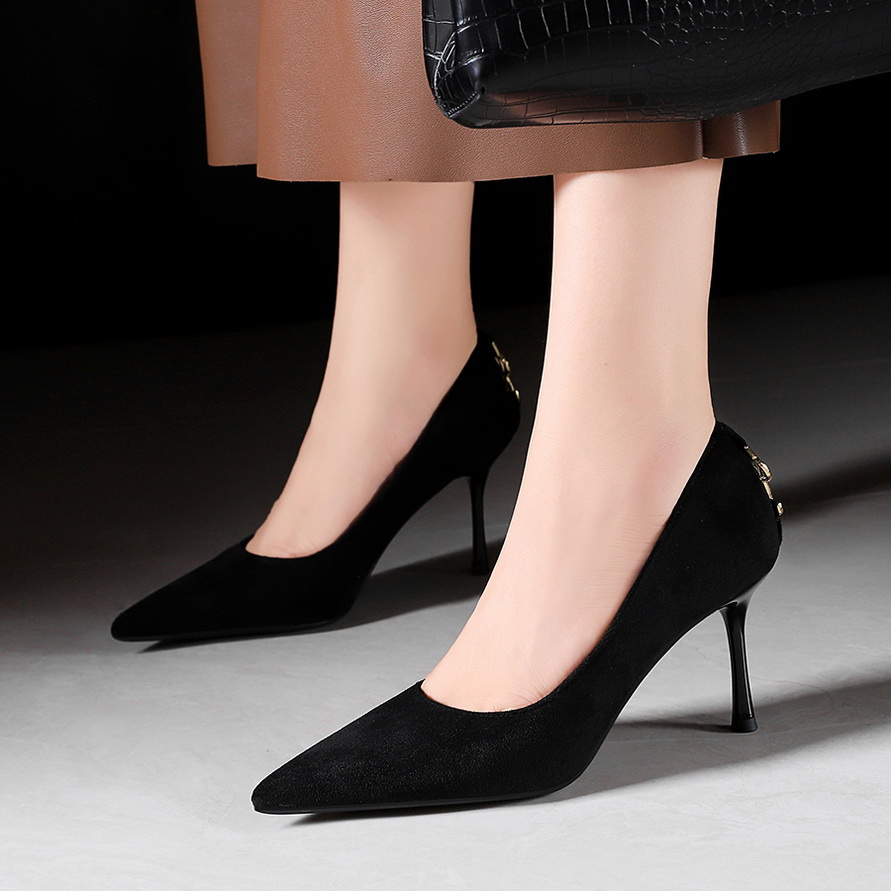 French Style Pointed Toe Women's High Heel Shoes Black Suede Daily Commute Elegant Low Cut Heels