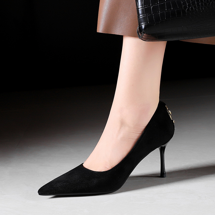 French Style Pointed Toe Women's High Heel Shoes Black Suede Daily Commute Elegant Low Cut Heels - Image 2