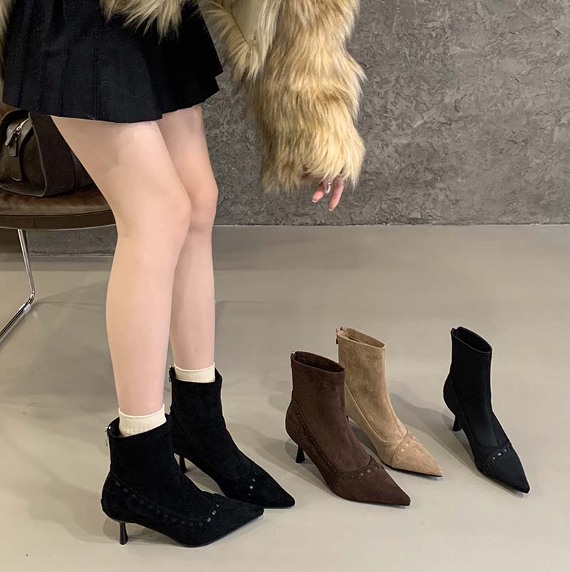 Women's Sweet Style Ankle Boots 2025 Autumn Winter New Suede Pointed Toe Back Zipper Mid Heel Fashion Boots