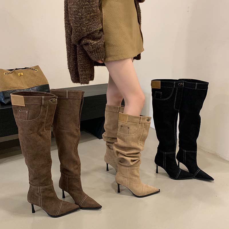 HMSZ Women's Pointed Toe Cowboy Boots 2025 Autumn New High Heel Over Knee Boots with Studs