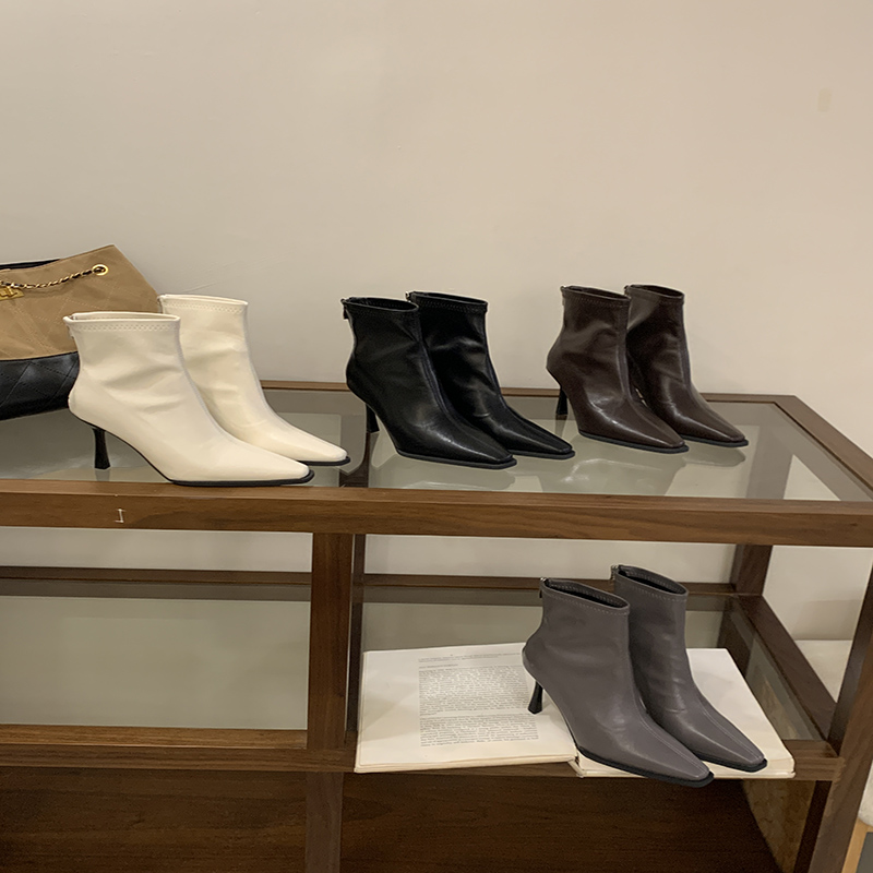 Korean Style Square Toe Slim Heel Short Boots for Women 2025 New Fall Winter Fashion Boots with Back Zipper