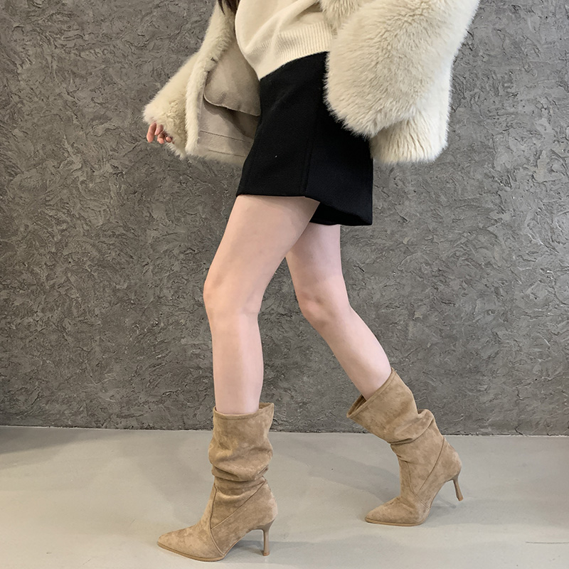 HMSZ Women's Pointed Toe High Heel Boots 2025 New Khaki Slim Fit Mid Calf Stacked Boots - Image 2