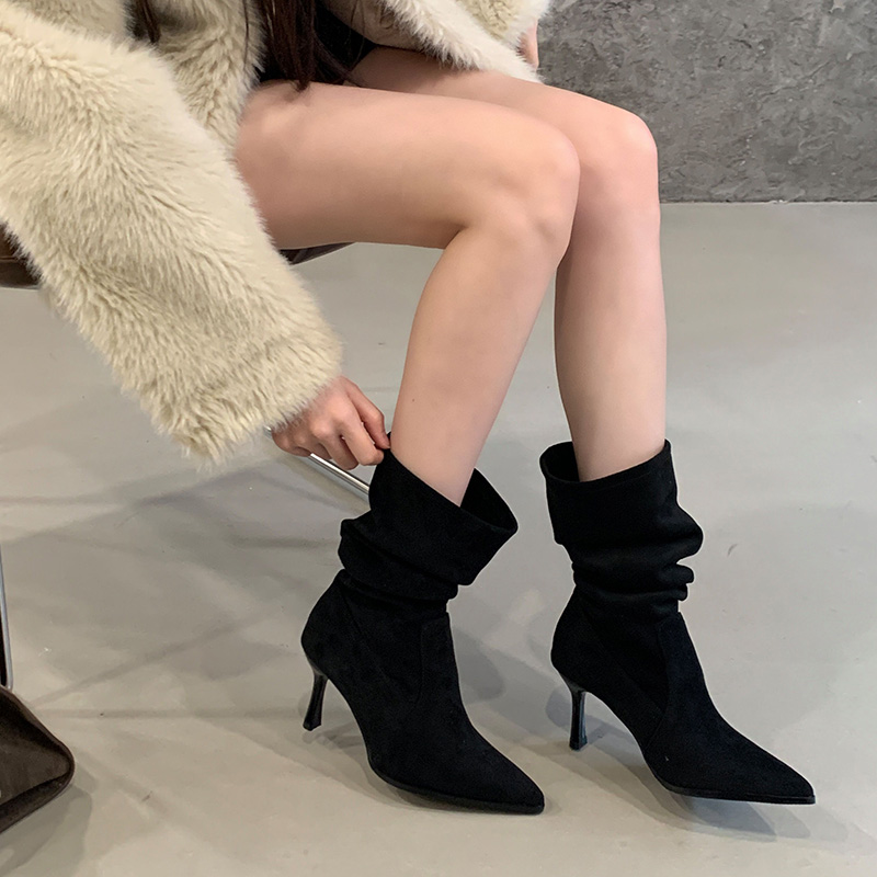 HMSZ Women's Pointed Toe High Heel Boots 2025 New Khaki Slim Fit Mid Calf Stacked Boots - Image 3