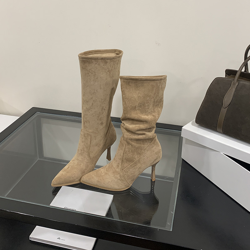 HMSZ Women's Pointed Toe High Heel Boots 2025 New Khaki Slim Fit Mid Calf Stacked Boots - Image 4