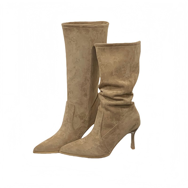HMSZ Women's Pointed Toe High Heel Boots 2025 New Khaki Slim Fit Mid Calf Stacked Boots - Image 5