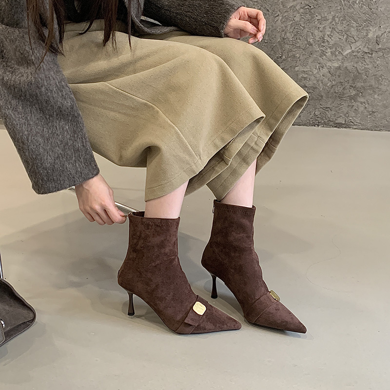 Stretchy Slimming High-End Black Pointed Toe Metal Buckle High Heel Short Boots Winter New Arrival Back Zipper Slim Boots for Women - Image 2