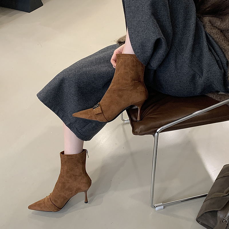 Stretchy Slimming High-End Black Pointed Toe Metal Buckle High Heel Short Boots Winter New Arrival Back Zipper Slim Boots for Women - Image 3
