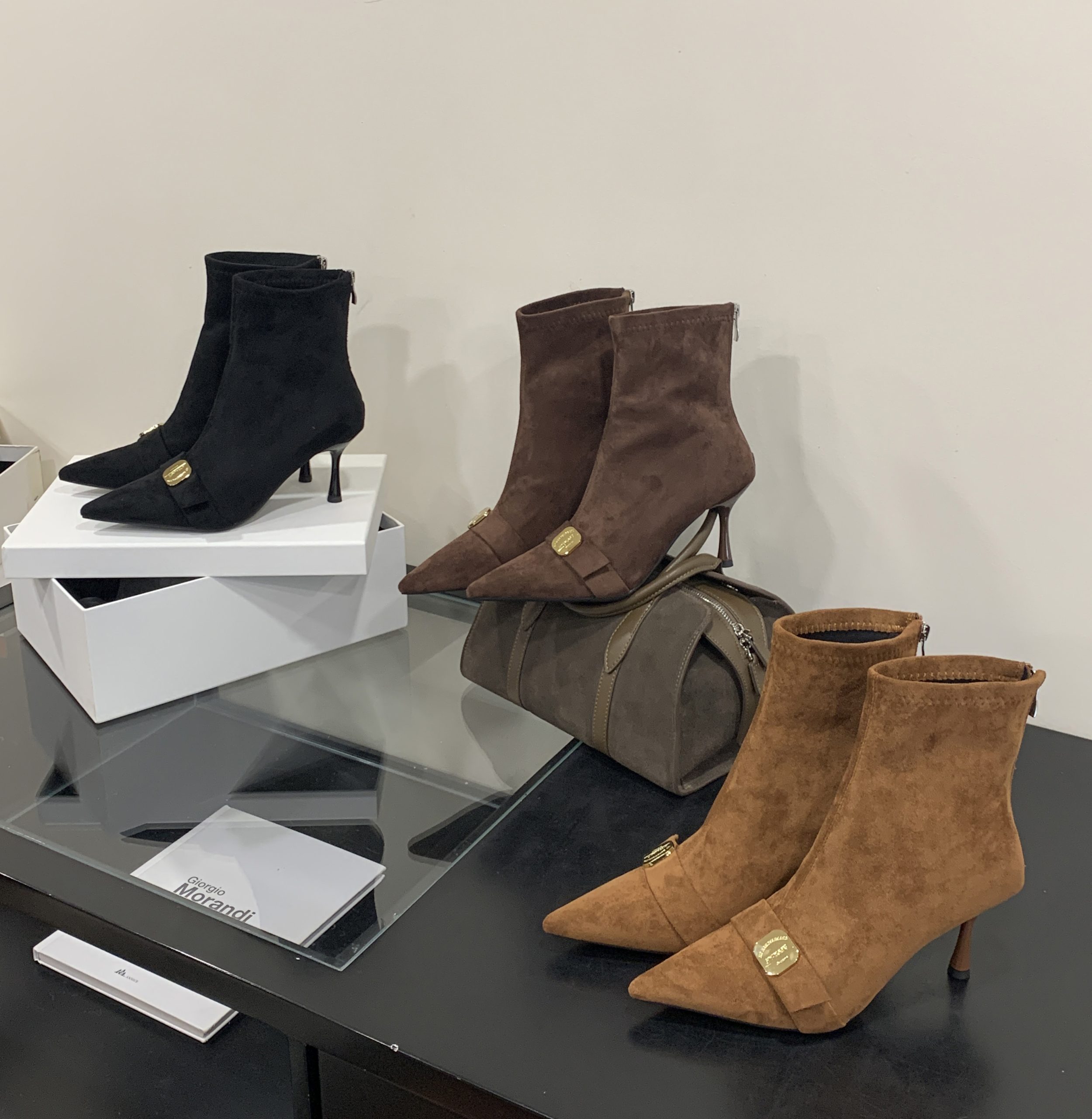 Stretchy Slimming High-End Black Pointed Toe Metal Buckle High Heel Short Boots Winter New Arrival Back Zipper Slim Boots for Women - Image 4