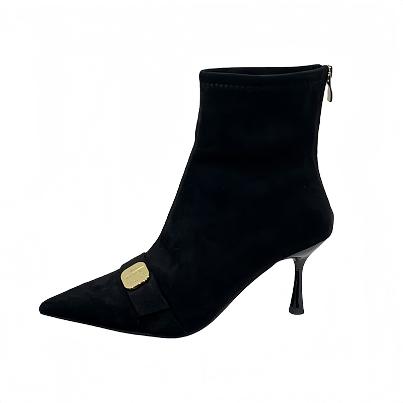 Stretchy Slimming High-End Black Pointed Toe Metal Buckle High Heel Short Boots Winter New Arrival Back Zipper Slim Boots for Women - Image 5