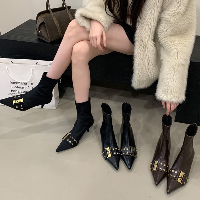 Slim Fit Ankle Boots Women Fashion Leather Belt Decor Pointed Toe High Heel Short Boots Elegant Stretch Boots