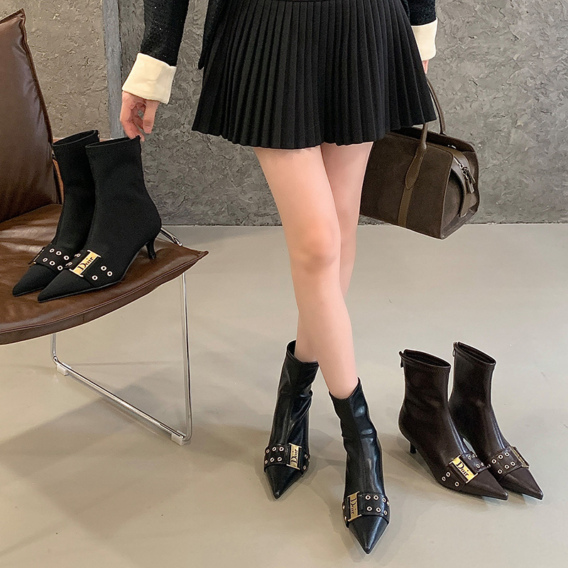 Slim Fit Ankle Boots Women Fashion Leather Belt Decor Pointed Toe High Heel Short Boots Elegant Stretch Boots - Image 4