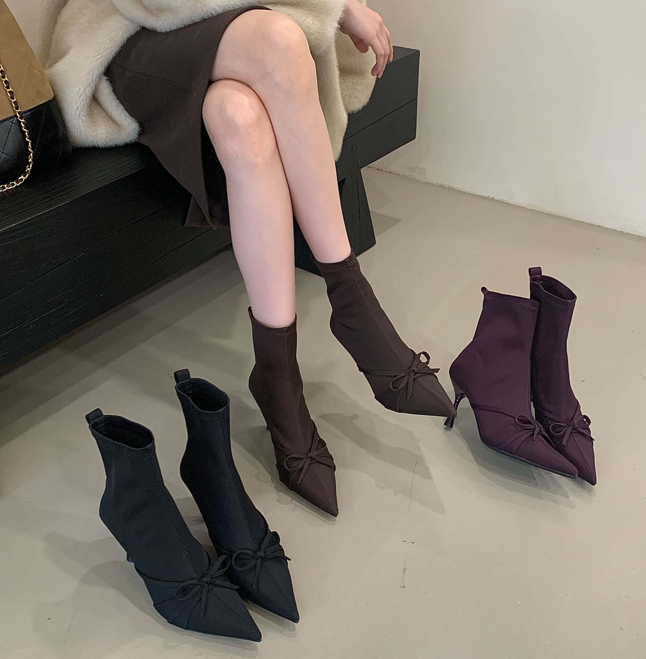 Pointed Toe Short Boots Women 2025 Autumn Winter New Style Thin Heel Boots Bow High Heel Short Boots Slim Boots