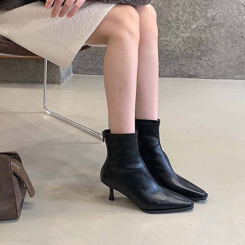 Korean Style Square Toe Minimalist Thin Heel Short Boots for Women 2025 New Fall Winter Fashion Boots with Back Zipper - Image 2