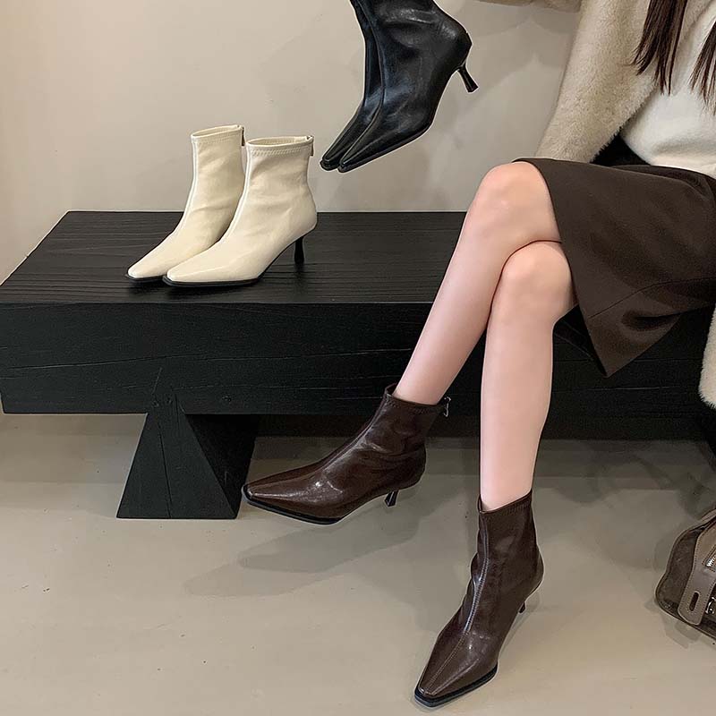 Korean Style Square Toe Minimalist Thin Heel Short Boots for Women 2025 New Fall Winter Fashion Boots with Back Zipper