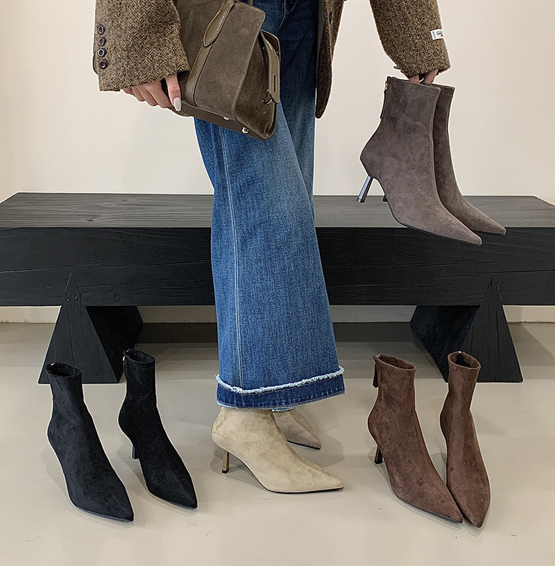 Pointed Toe Short Boots Women 2025 Winter New Faux Fur Lined Warm High Heel Slim Boots