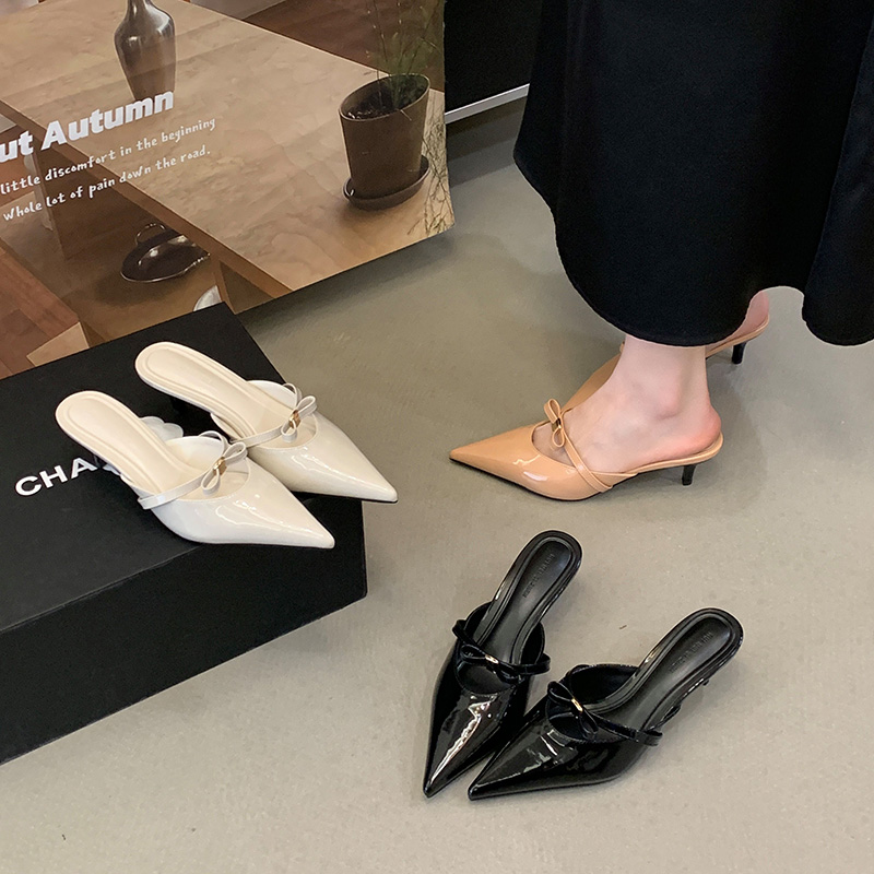 French Nude Pointed Bow Shallow Mouth Mid Heel Women's Spring Backless Slippers Open Toe Slippers