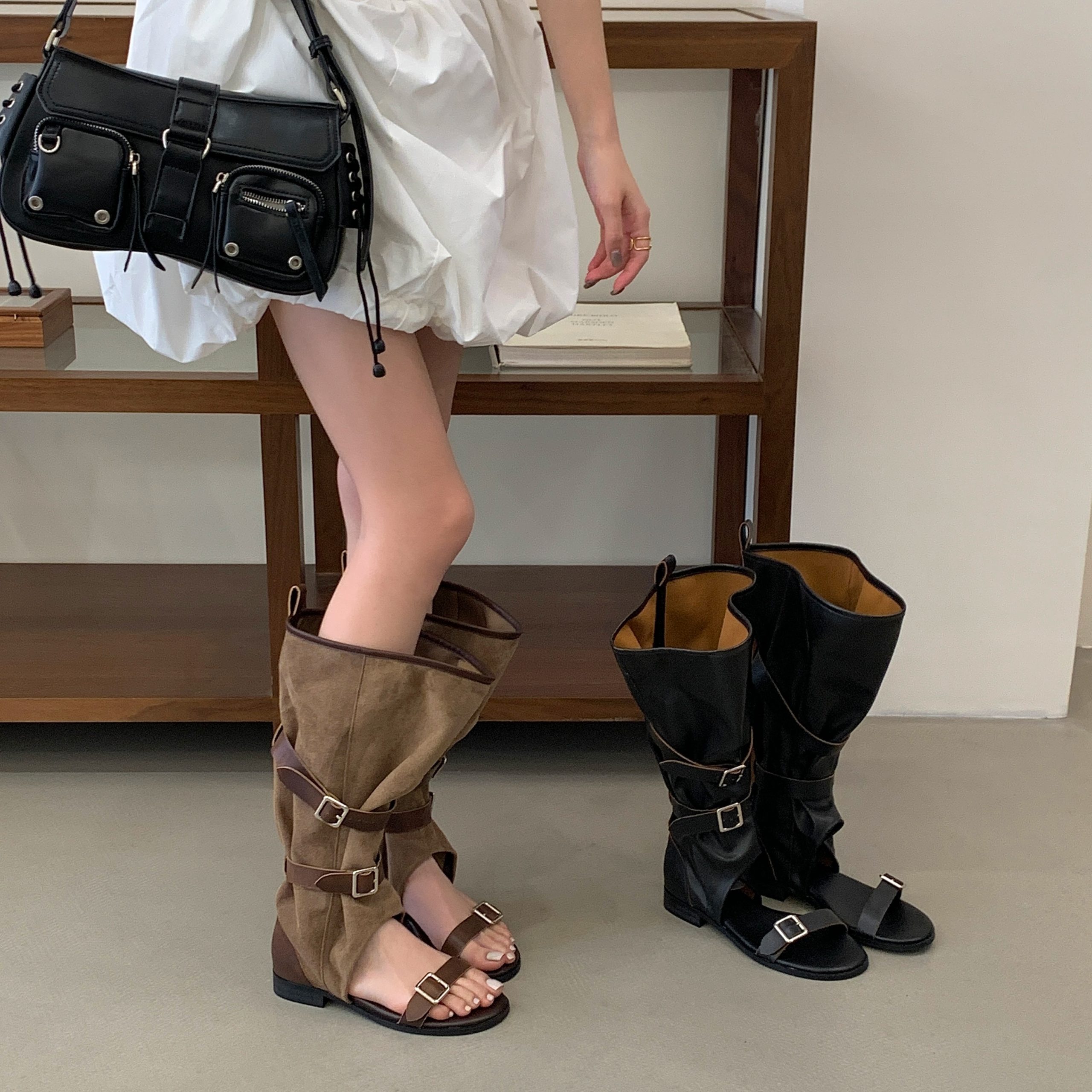 Vintage Distressed Stacked Boot Sandals 2026 Summer New Inner Height Short Boot Leg Tube Shoes Niche Open Toe Sandals