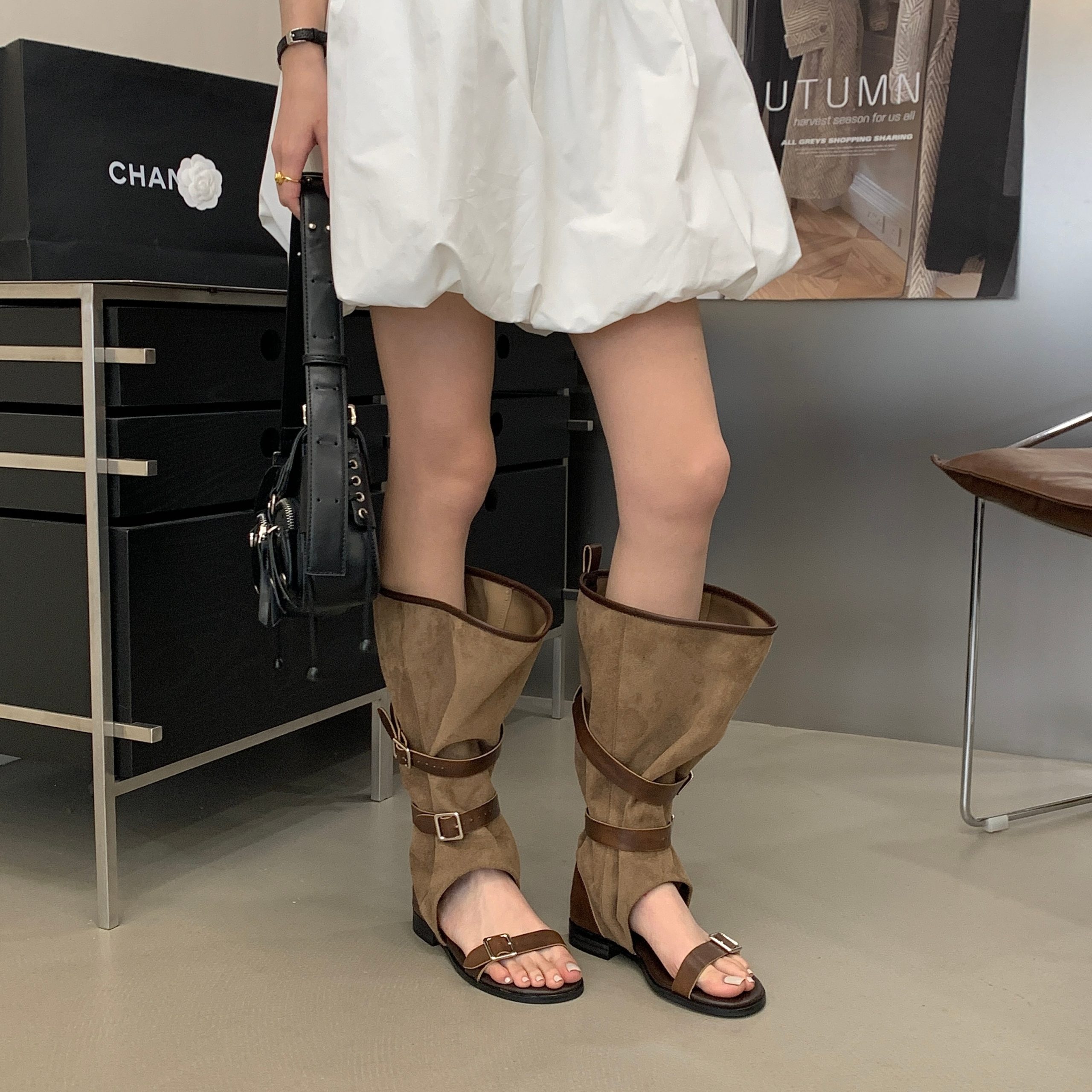 Vintage Distressed Stacked Boot Sandals 2026 Summer New Inner Height Short Boot Leg Tube Shoes Niche Open Toe Sandals - Image 3