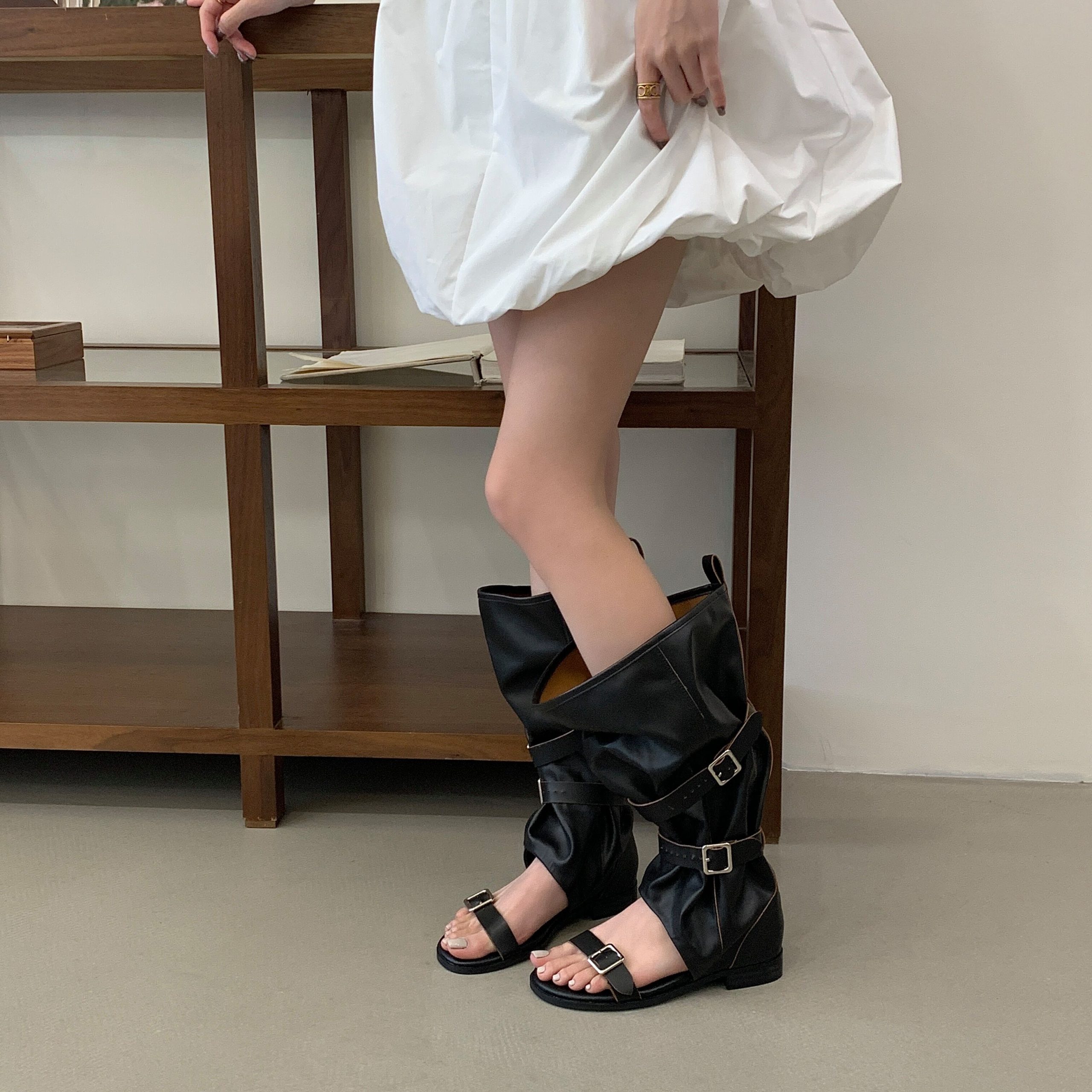 Vintage Distressed Stacked Boot Sandals 2026 Summer New Inner Height Short Boot Leg Tube Shoes Niche Open Toe Sandals - Image 4