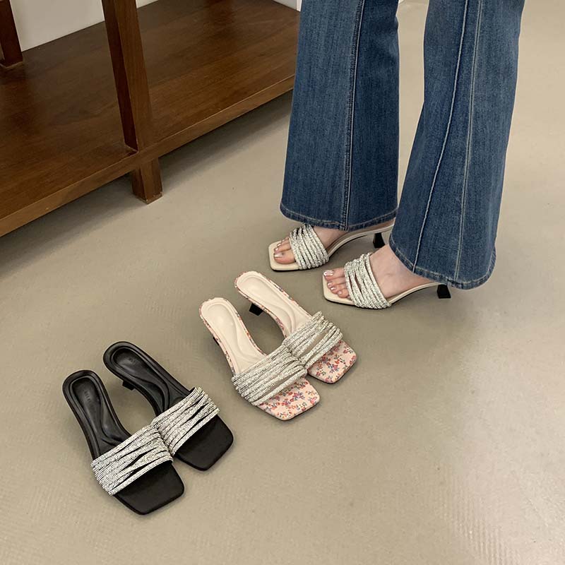 Women's Silver Square Toe Rhinestone Strap Mid Heel Slippers 2026 New Style