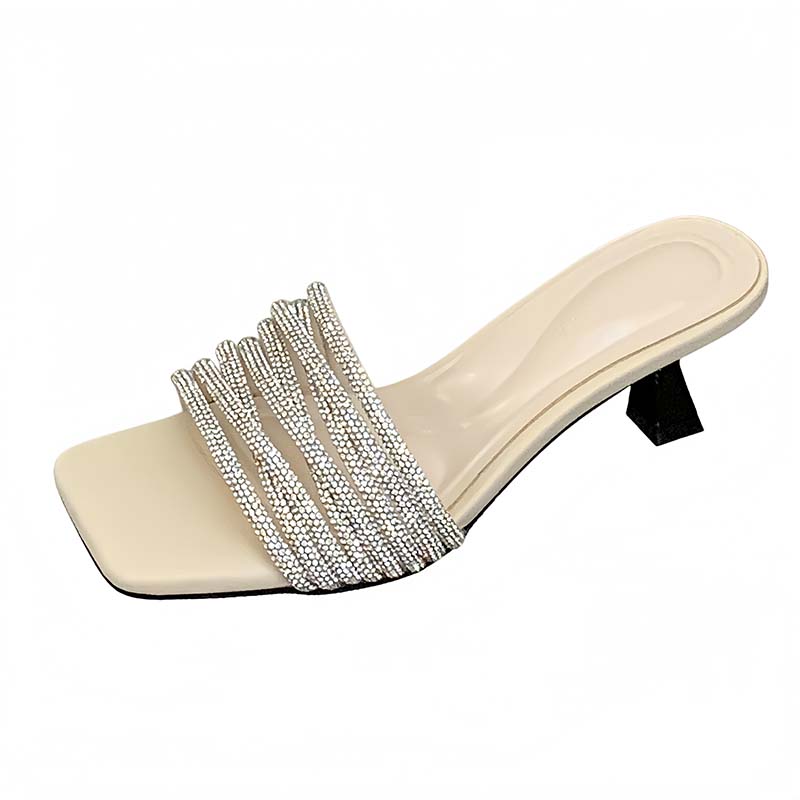 Women's Silver Square Toe Rhinestone Strap Mid Heel Slippers 2026 New Style - Image 5