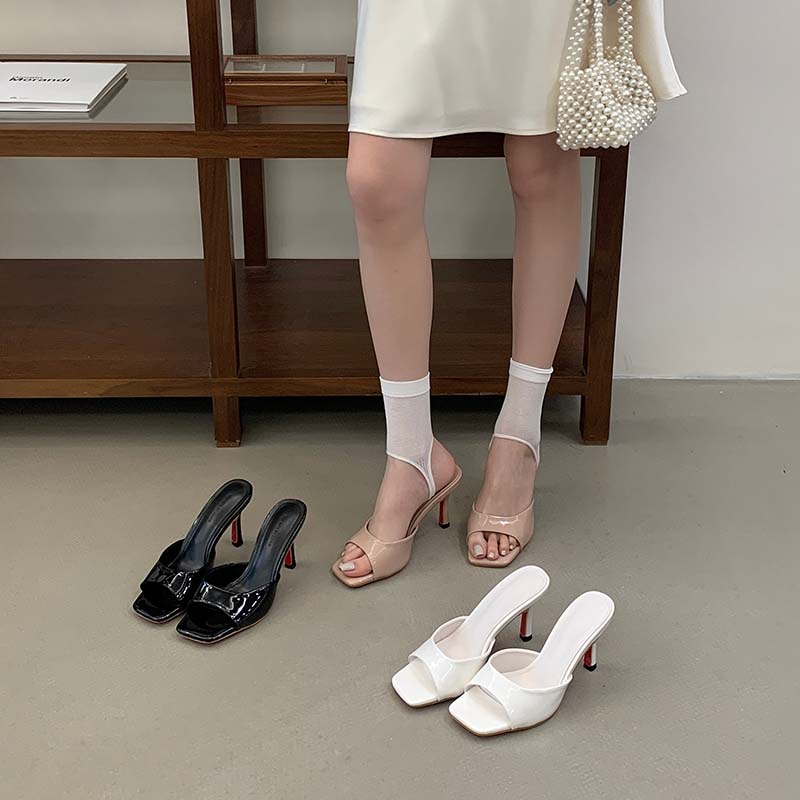 Patent Leather High Heel Slippers 2026 New Summer Fashion Thin Heel Square Toe Open Toe Sexy One-Strap Slippers