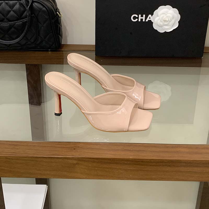 Patent Leather High Heel Slippers 2026 New Summer Fashion Thin Heel Square Toe Open Toe Sexy One-Strap Slippers - Image 4