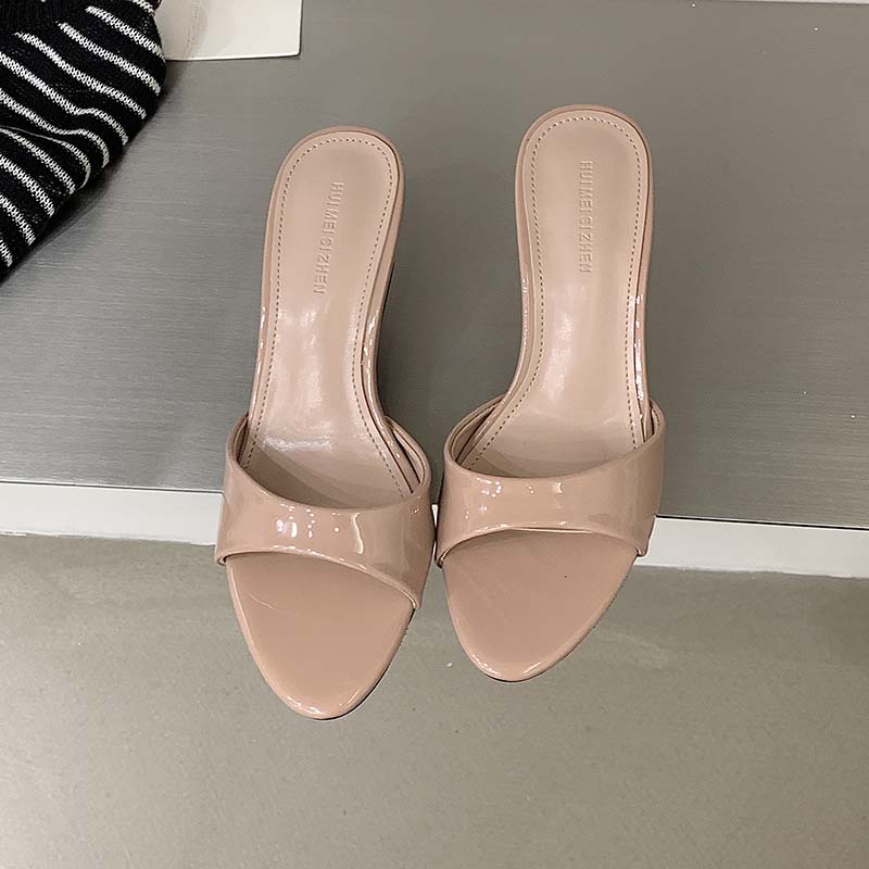 HMSZ Patent Leather High Heel Slippers 2026 New Summer Thin Heel Square Toe Open Toe Sexy One-Strap Slippers - Image 4