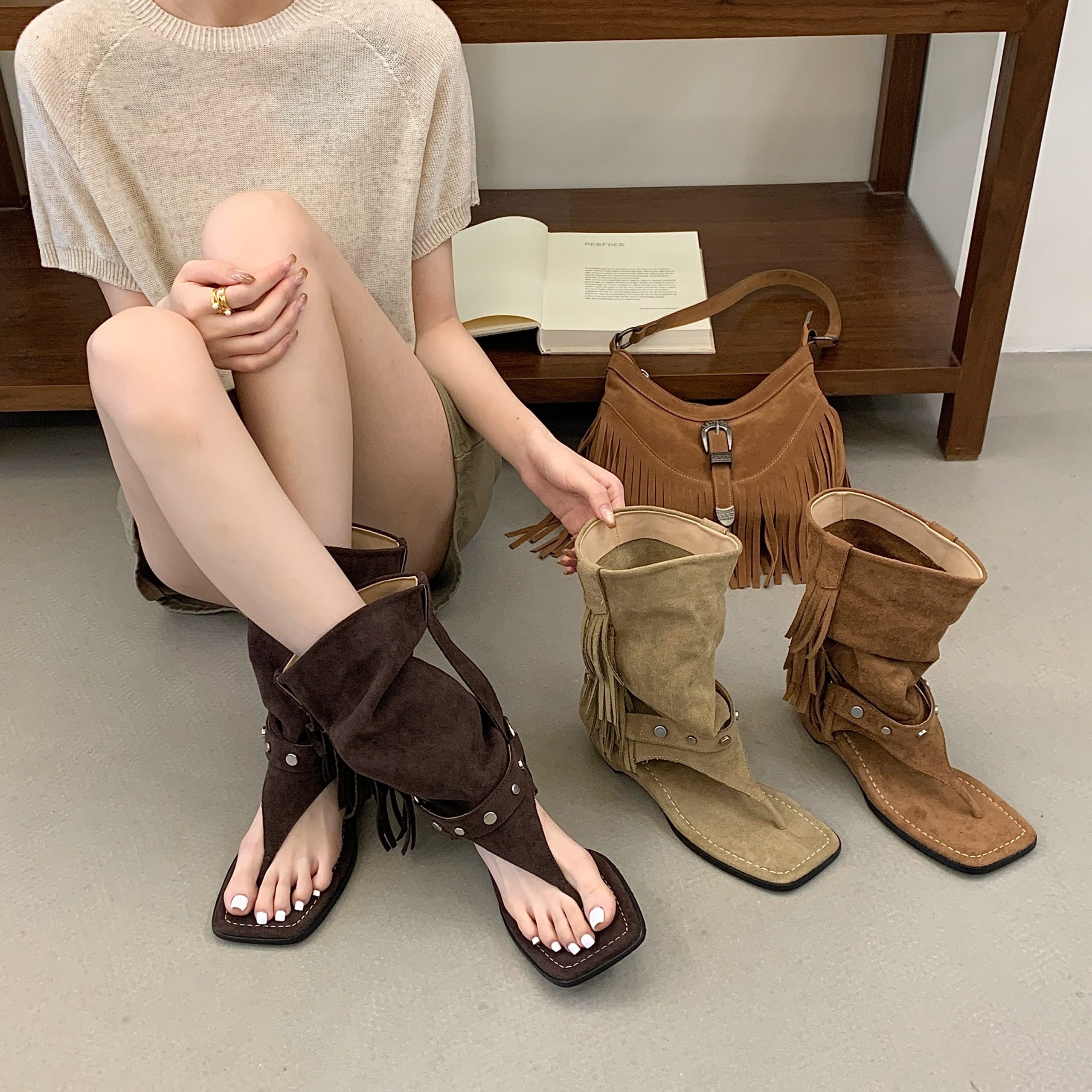 GUGUWU Retro Fringe Ankle Boot Sandals Women 2026 Summer New European American Style Short Boots Peep Toe - Image 2