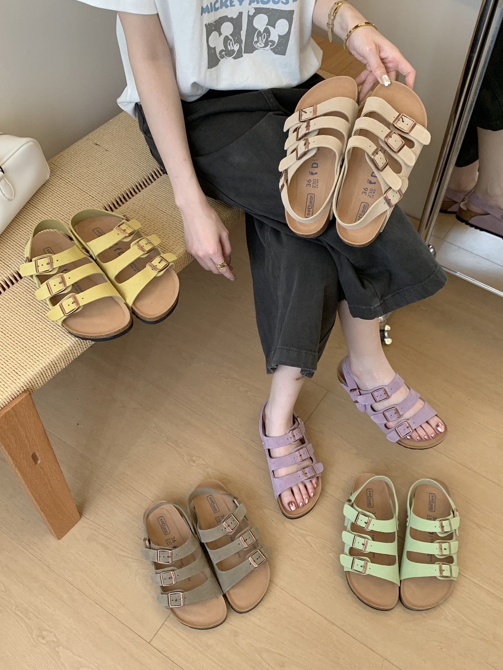 Korean Thick Sole Roman Style Birkenstock Sandals for Women Summer Buckle Flat One-Strap Genuine Leather Beach Shoes